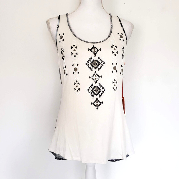 NEW!! Hale Bob Cabana SIZE M White Black Bead Embellished Racerback Tank Top - Picture 1 of 13